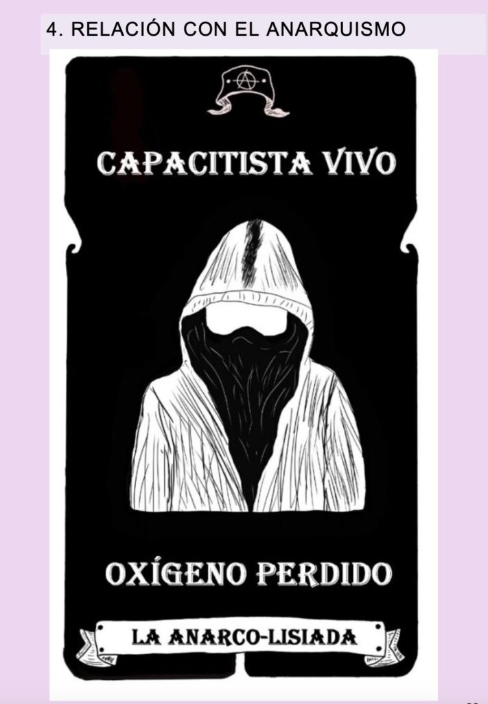 an illustration from the fanzine by ixti guerra, it shows a masked person wearing a hoodie, and says capacitista vivo oxigeno perdido