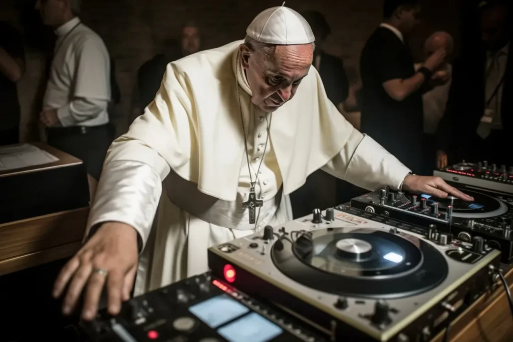 AI generated image of the pope as a DJ, dressed all in white