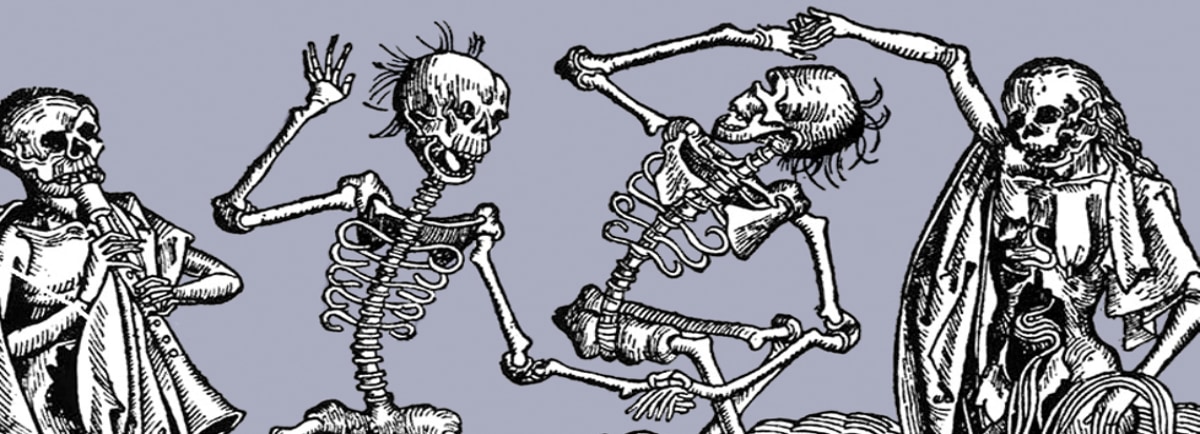 Dancing happy skeletons on a grey background