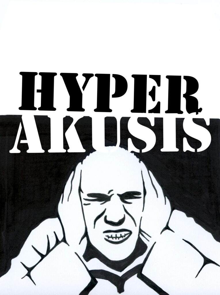 A stencil showing a man holding his ears, the lettering reads hyper akusis