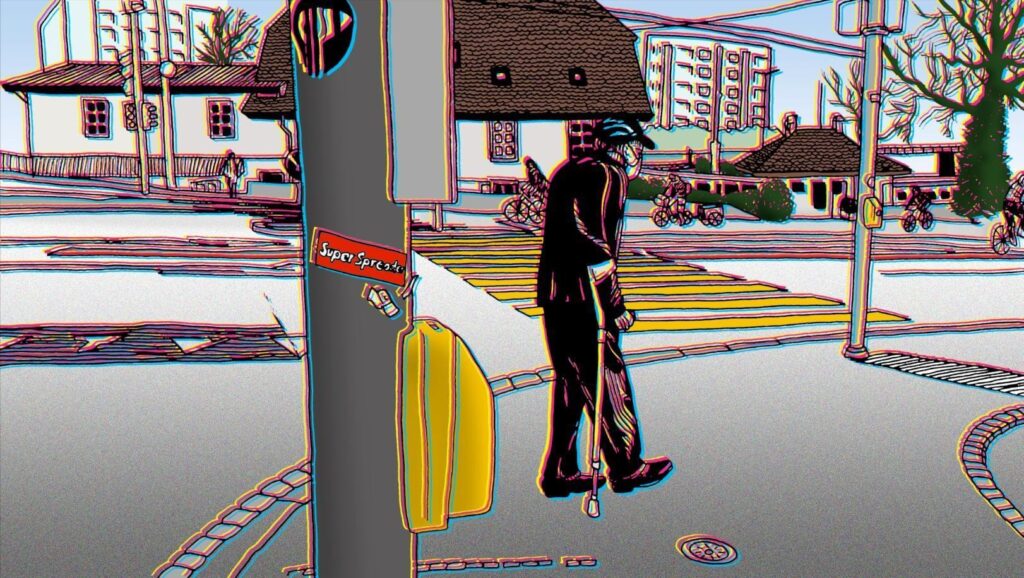 A graphic shows a street scene with an old man wearing a mask, on a pole in the foreground a sticker reads: Superspreader