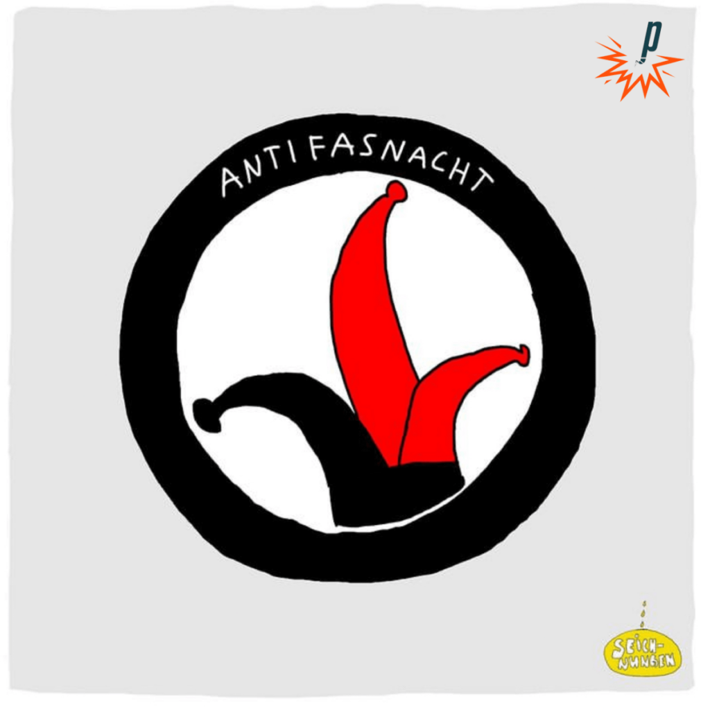 Ein Antifa-Sticker mit einer Karnevalmütze in Schwarz und Rot und dem Text Antifasnacht.
