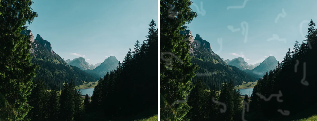 A before/after image of visual floaters