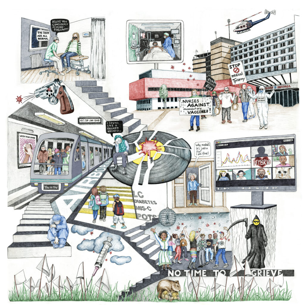 A wimmelbild showing various reactions to the pandemic, part of the zine Testimonials of the Collectively Abandoned