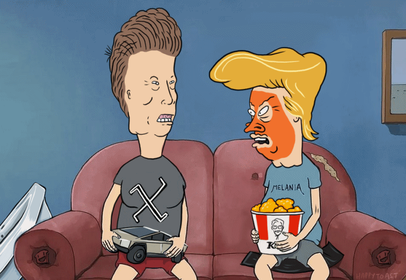 Beavis and Butthead sit on a couch and look like Trump and Musk
