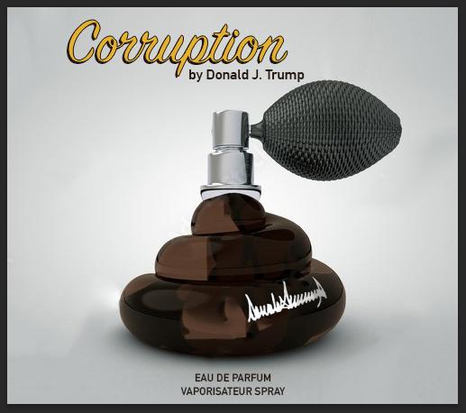 A perfume bottle in the shape of a poop emoji, the brand is CORRUPTION by Donald J Trump