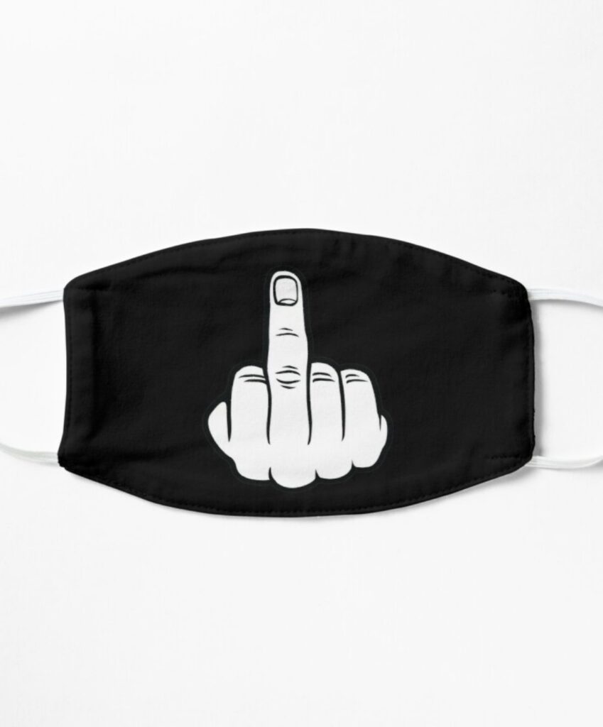 A black mask with a middle finger printed on it
