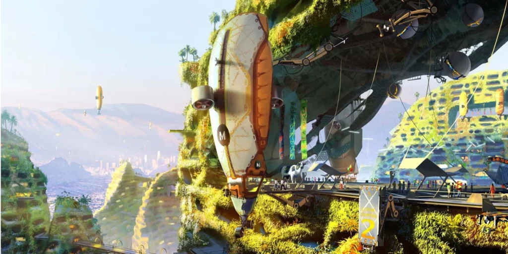 A solarpunk city with nice futuristic tech and greenery