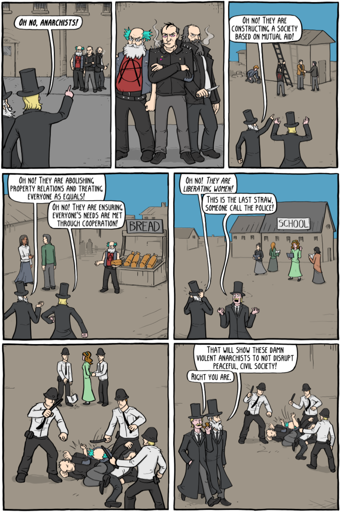 A comic strip situated in the past. Some philosophers call the police on some anarchist