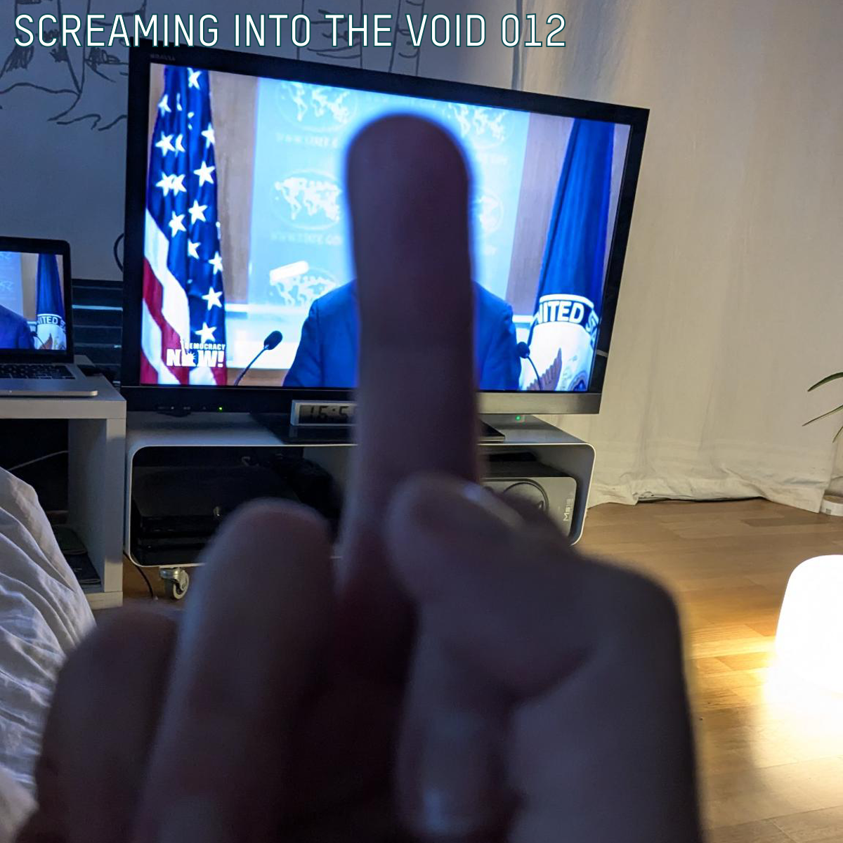 A hand shows the middle finger to Donald Trump on the TV screen