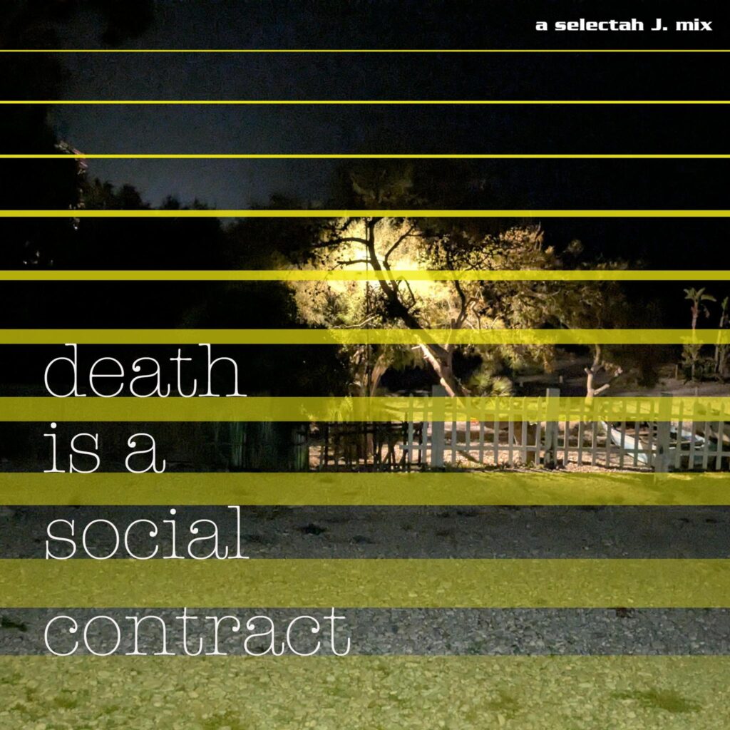 A night shot of bending tree in yellow light, the beach is right behind but mostly dark. Yellow lines across the image separate the title of the mixtape