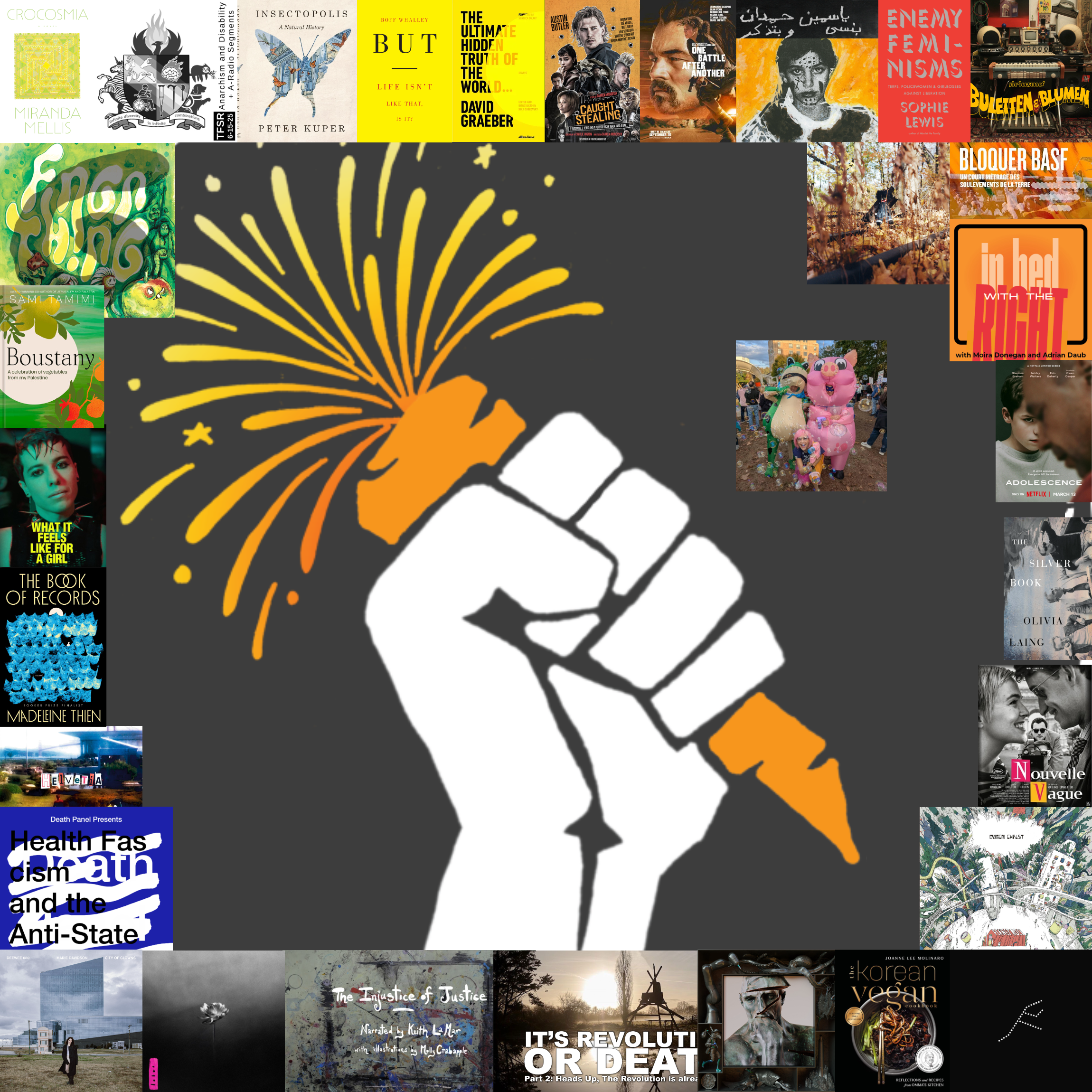 A collage of albums, book covers and video screengrabs, in the background a stenciled hand is holding a carrot emitting fireworks