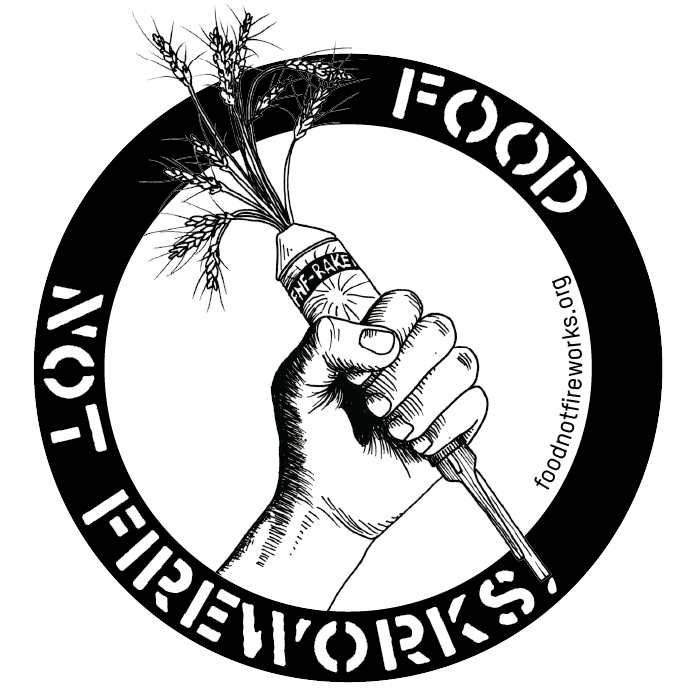 A drawing of a hand holding a carrot, the text reads food not fireworks
