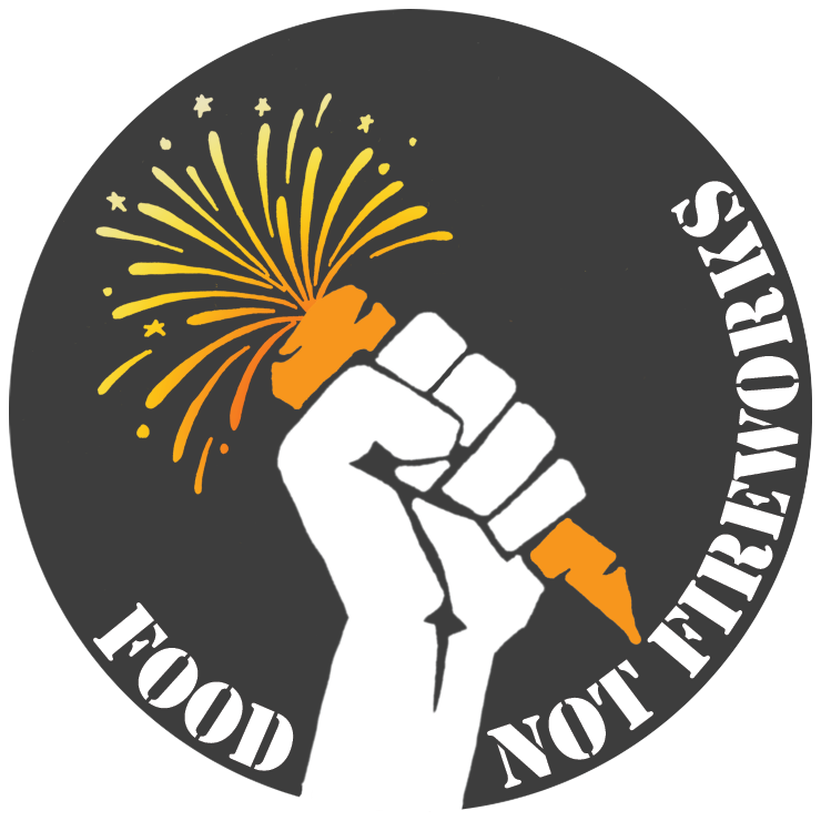 A stencil hand holds a carrot with fireworks coming out on top. The text reads food not fireworks