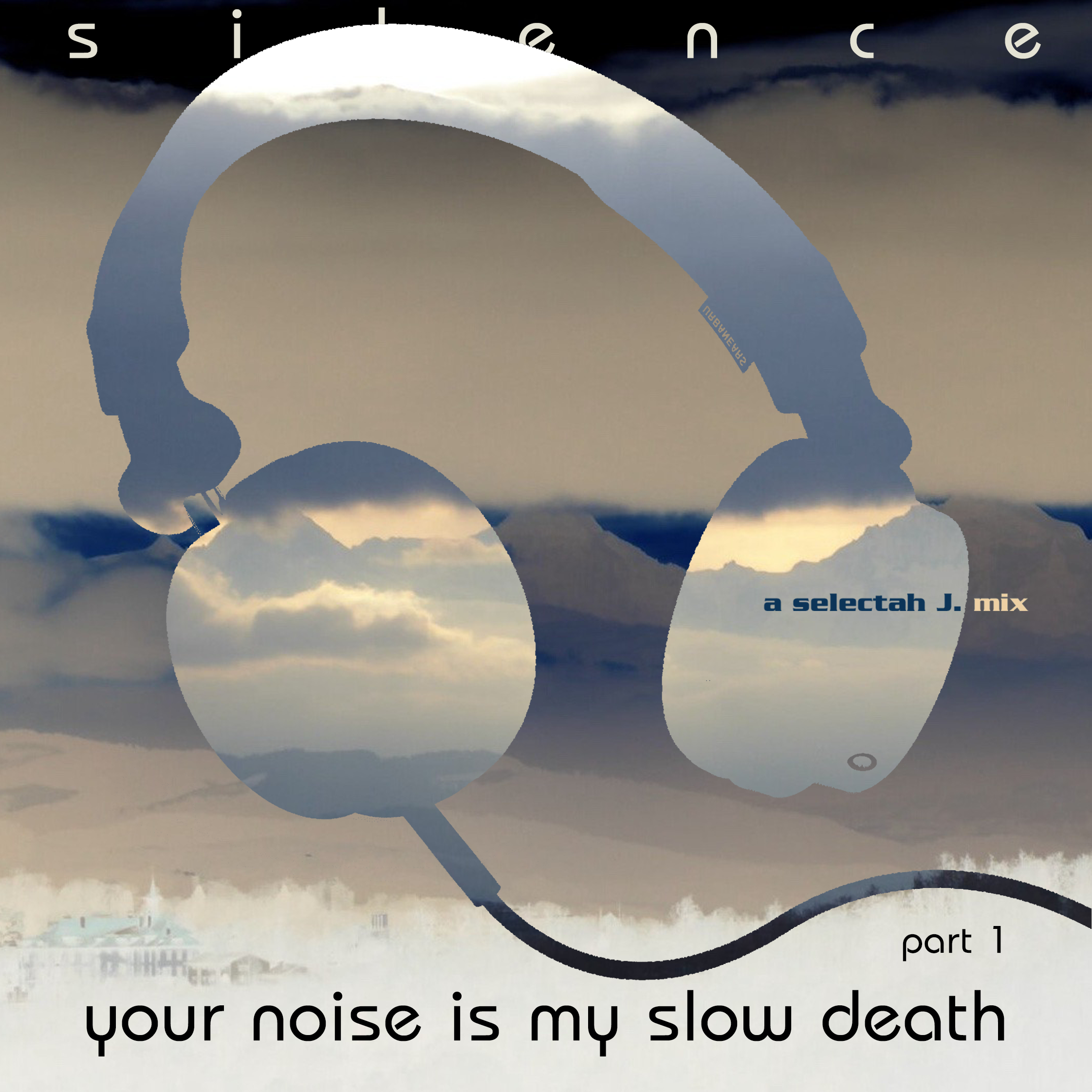 In the background a silver and blue landscape with a mountain range, the bernese alps. Superimposed is the abstract shape of headphones. The title of the mix is bellow. Above it reads "silence"