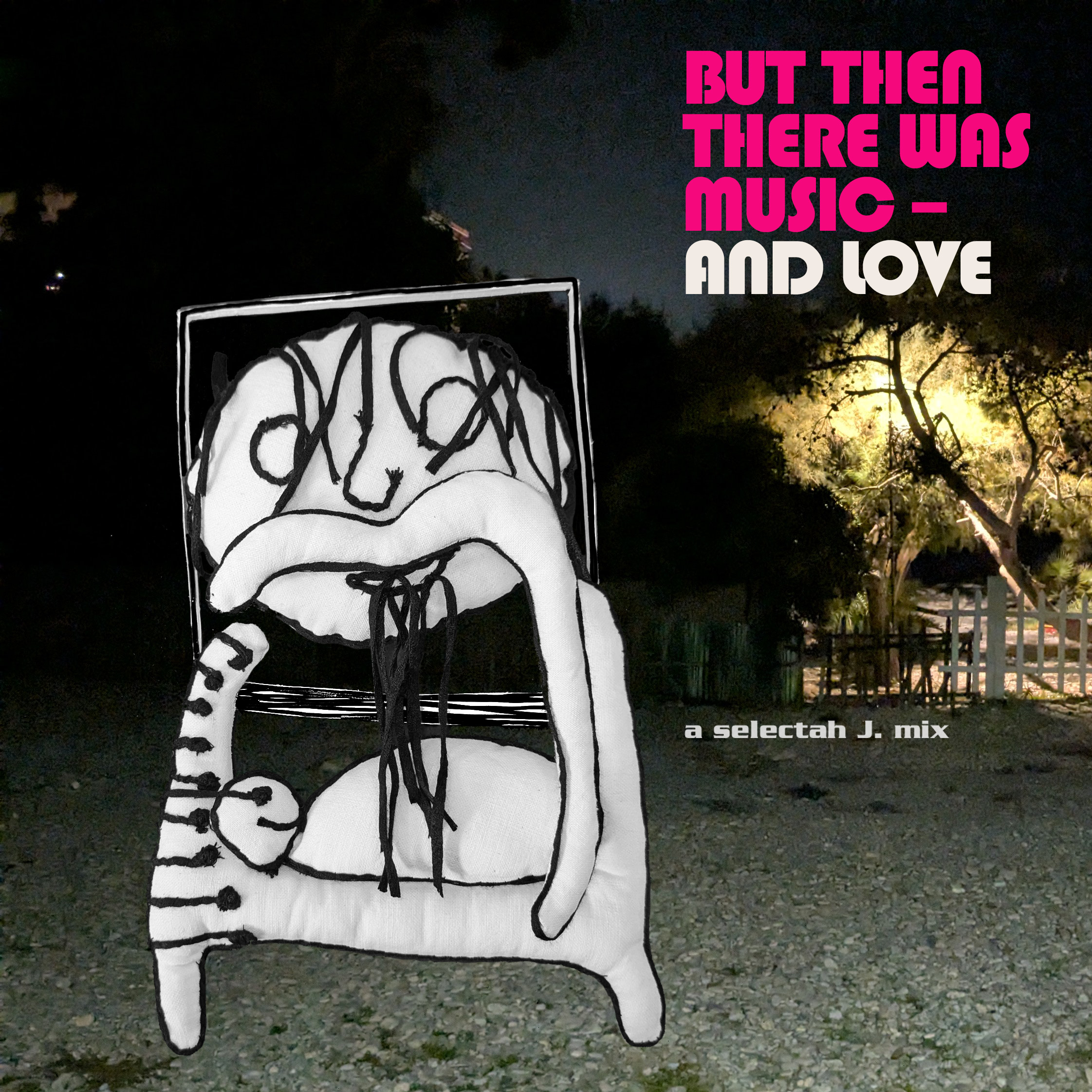 A puppet of one of the beatles looks like a moon, with long hair and a mustache, a girl on a bed sleeps in front of it, in the background a photo of a beach with one tree lit up by street lamps